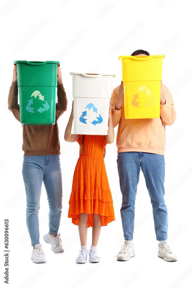 Family with recycle bins on white background