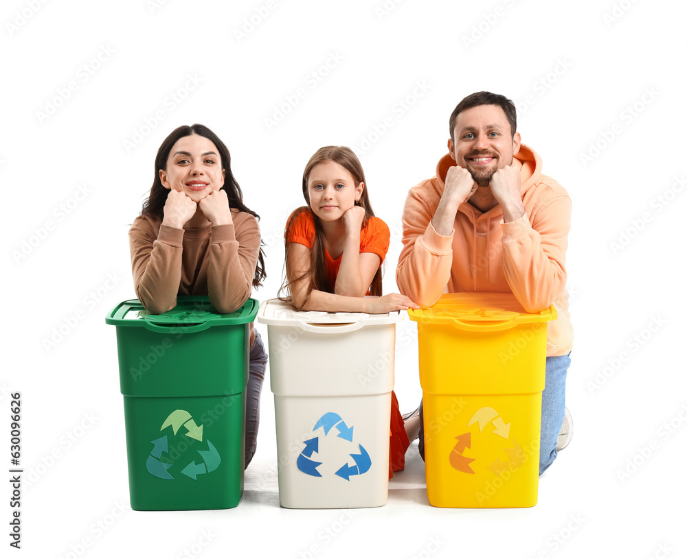 Family with recycle bins on white background