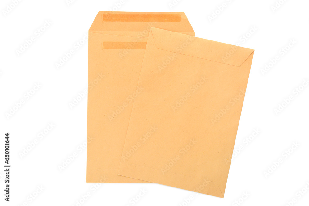 Craft paper envelopes on white background