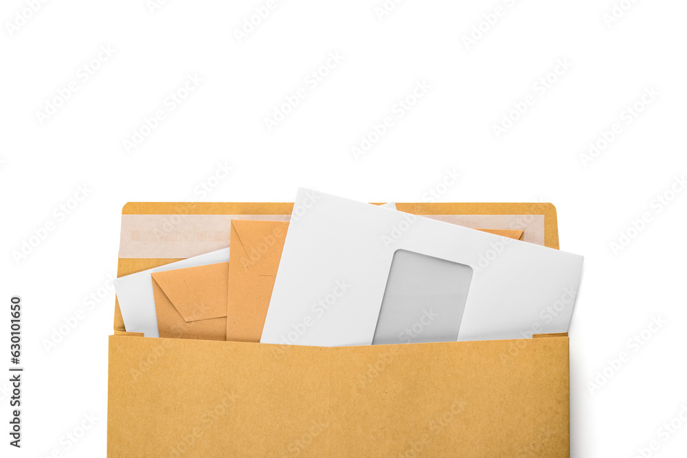 Set of different envelopes on white background, closeup