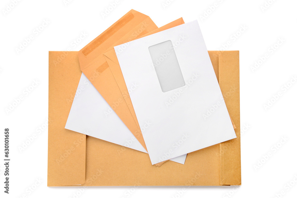 Set of different envelopes on white background