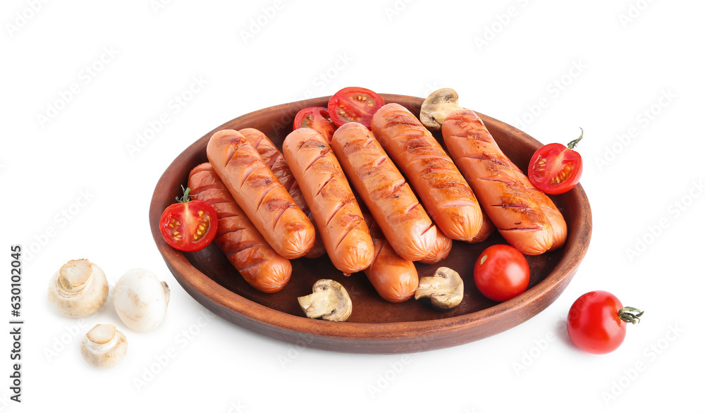 Plate with tasty grilled sausages isolated on white background