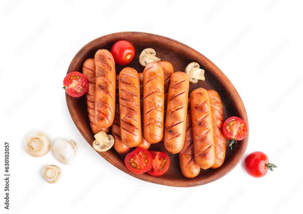 Plate with tasty grilled sausages isolated on white background