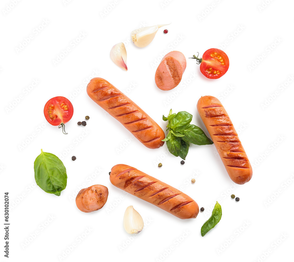 Tasty grilled sausages and tomatoes isolated on white background