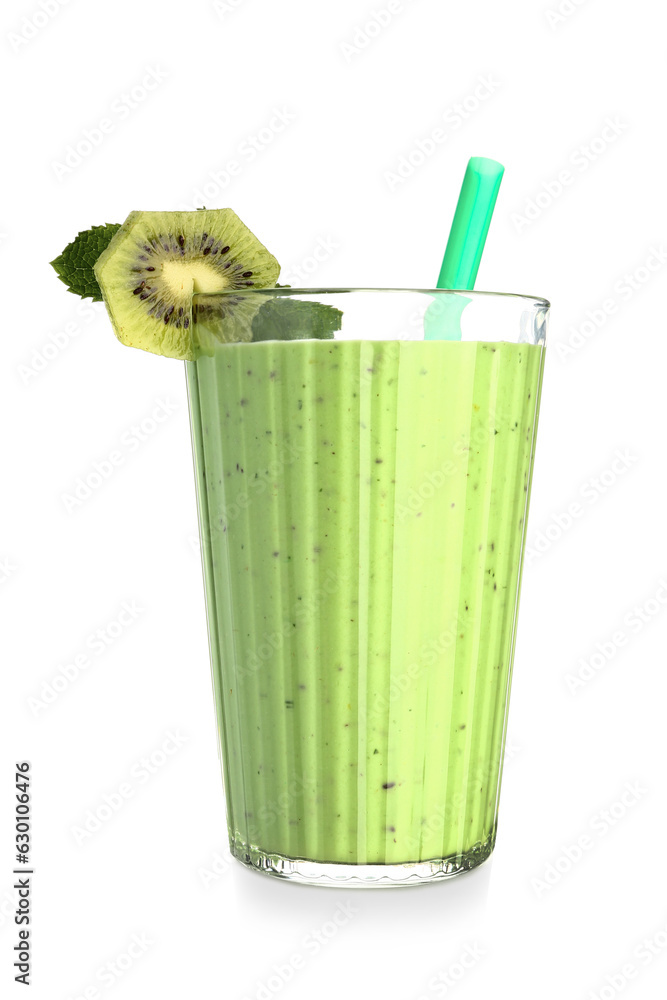 Glass of fresh kiwi smoothie with mint on white background