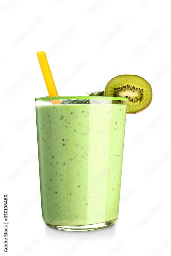 Glass of fresh kiwi smoothie on white background