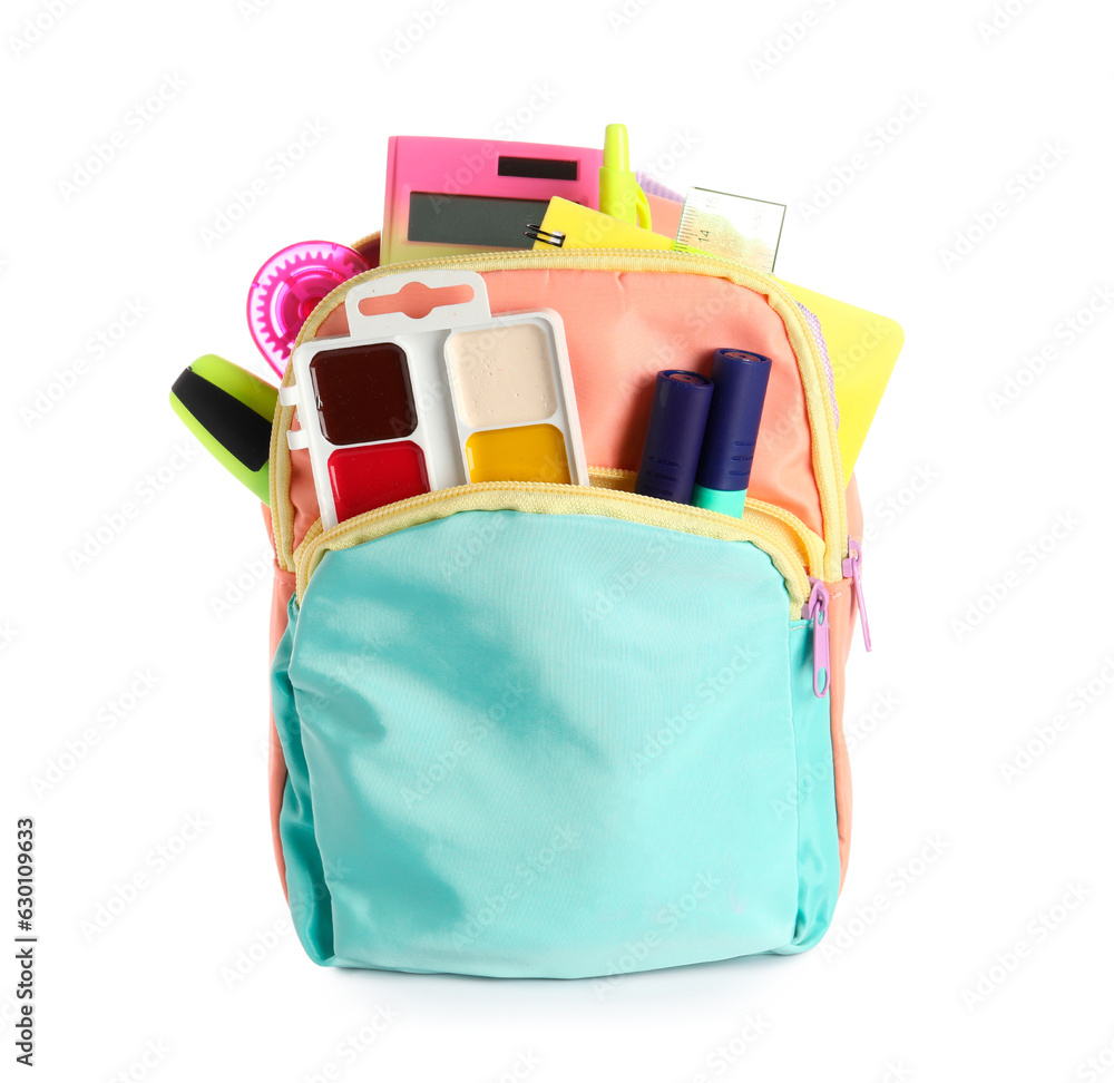 Colorful school backpack with calculator and watercolors on white background