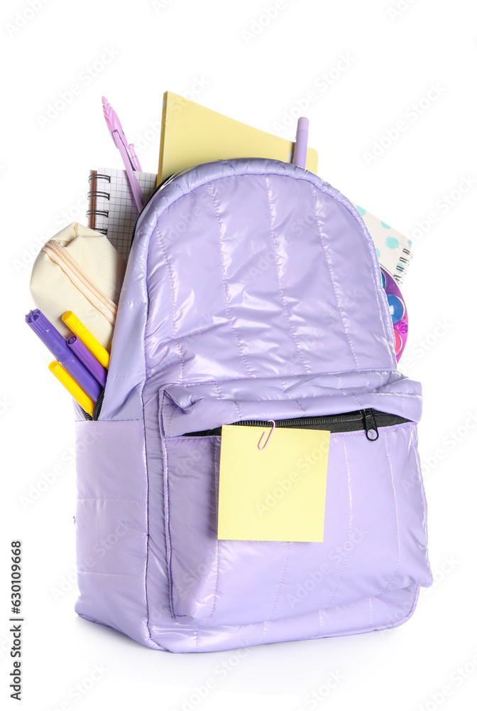 Lilac school backpack with notebooks and different stationery on white background