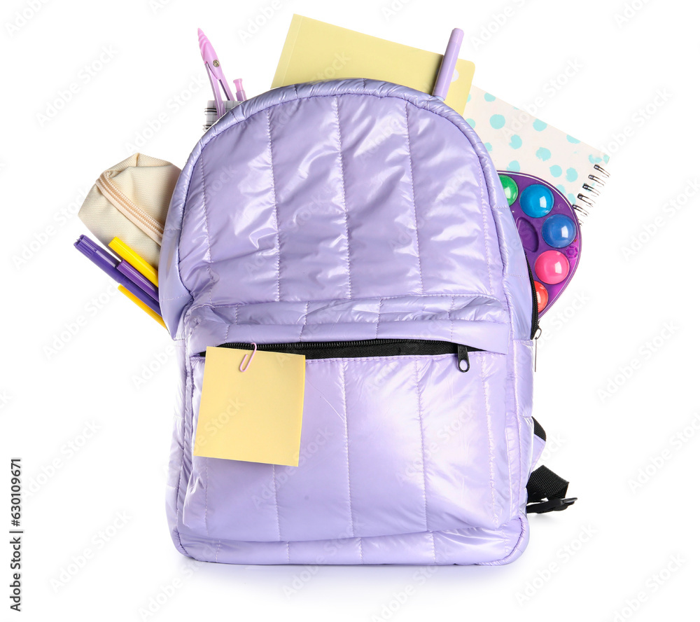 Lilac school backpack with notebooks and different stationery on white background