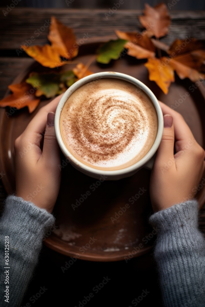 Autumn background with cup of coffee