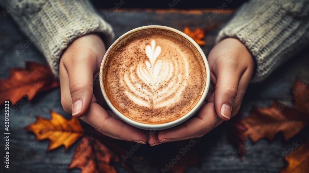 Autumn background with cup of coffee