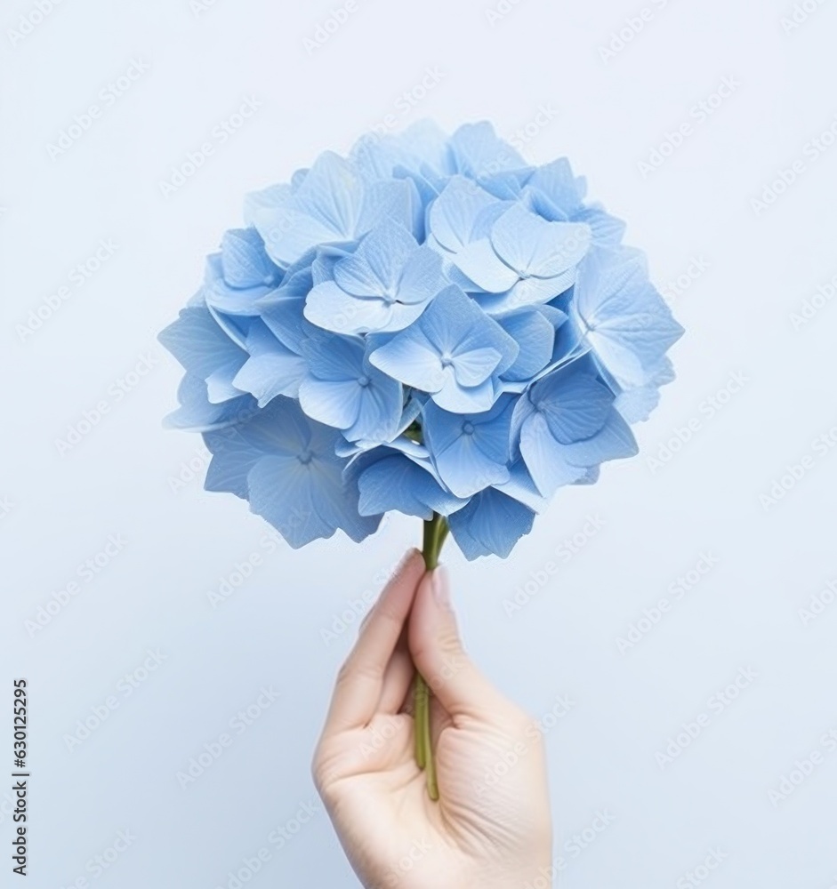 Hand holding a blue hydrangea flower