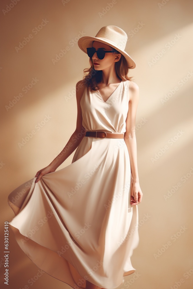 Fashion model girl in beige dress