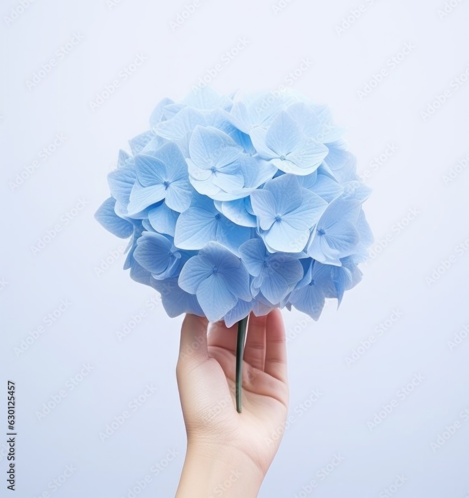 Hand holding a blue hydrangea flower