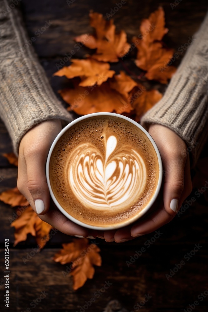 Autumn background with cup of coffee