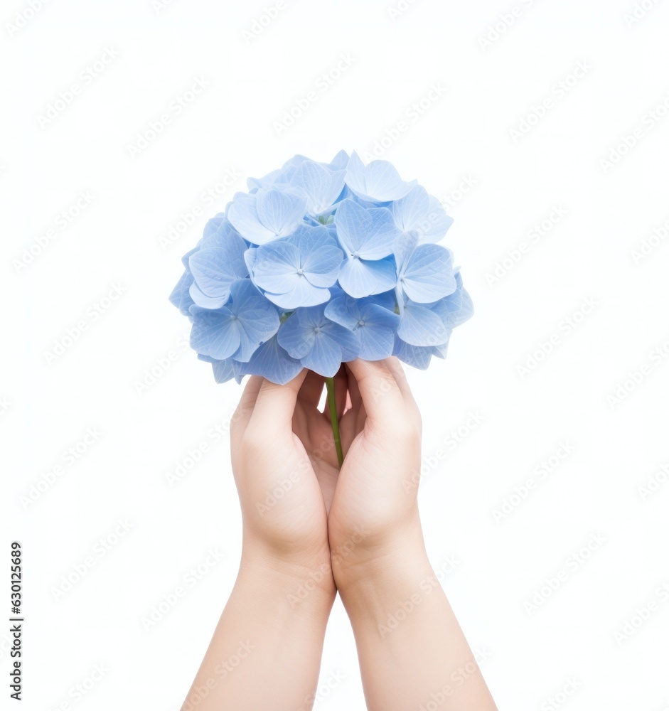 Hand holding a blue hydrangea flower