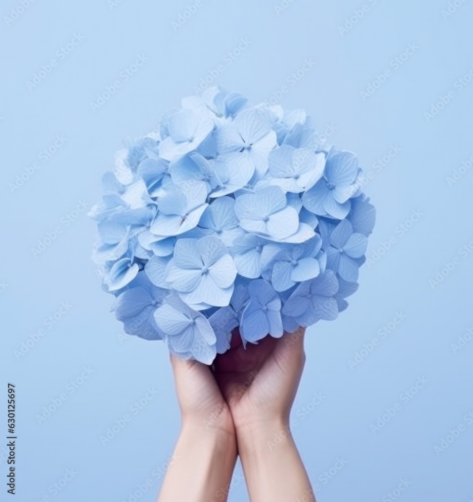 Hand holding a blue hydrangea flower