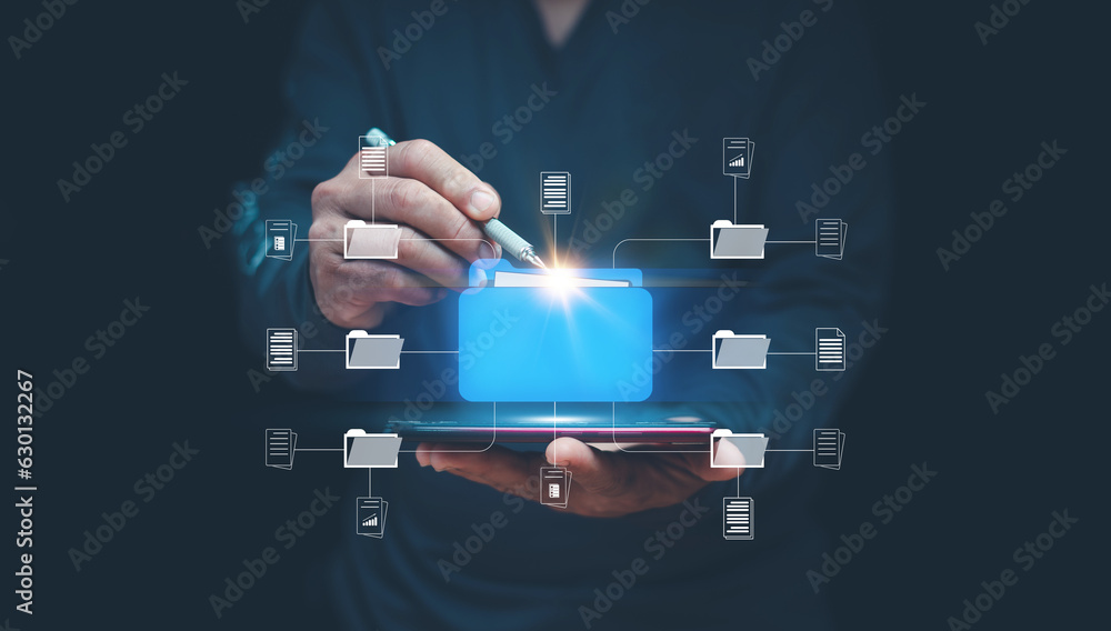 Online document management system concept, Businessman using smartphone and pen point to folder icon