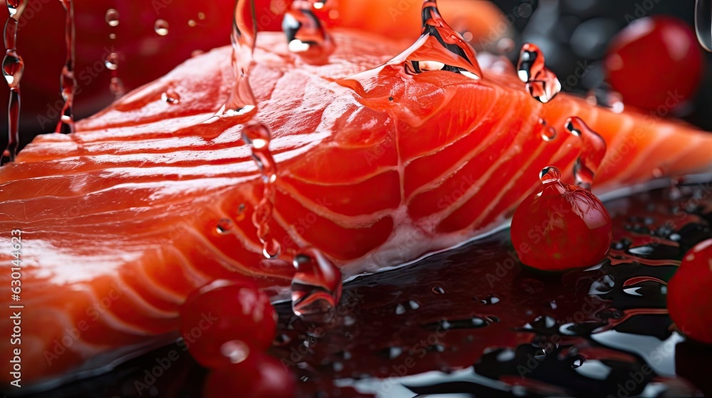 Closeup Fresh salmon with lemon slices on wooden table, black and blur background