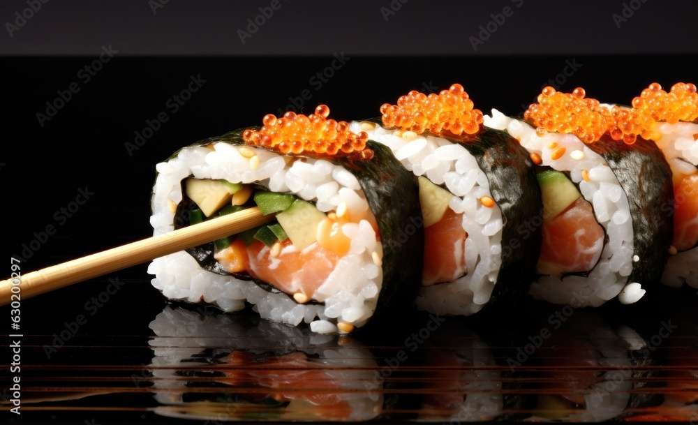 Sushi roll with chopsticks on dark background