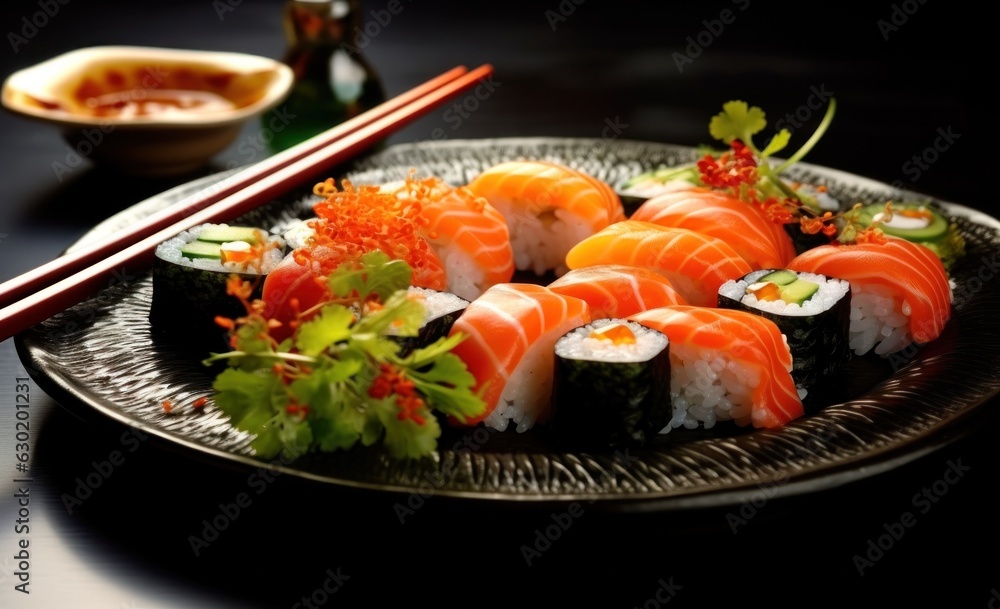 Sushi roll with chopsticks on dark background