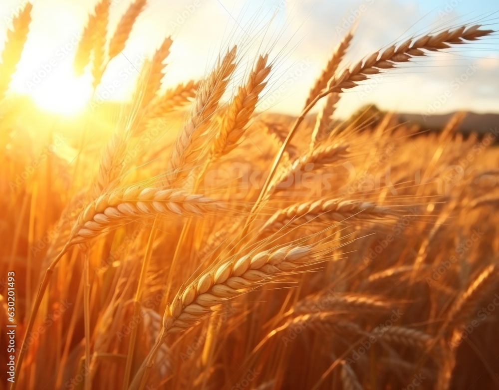 Ripe wheat in a field at sunset