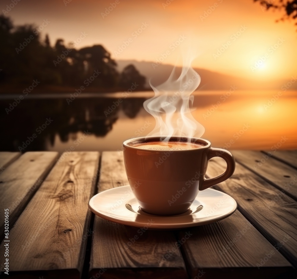 Cup of coffee on wooden table