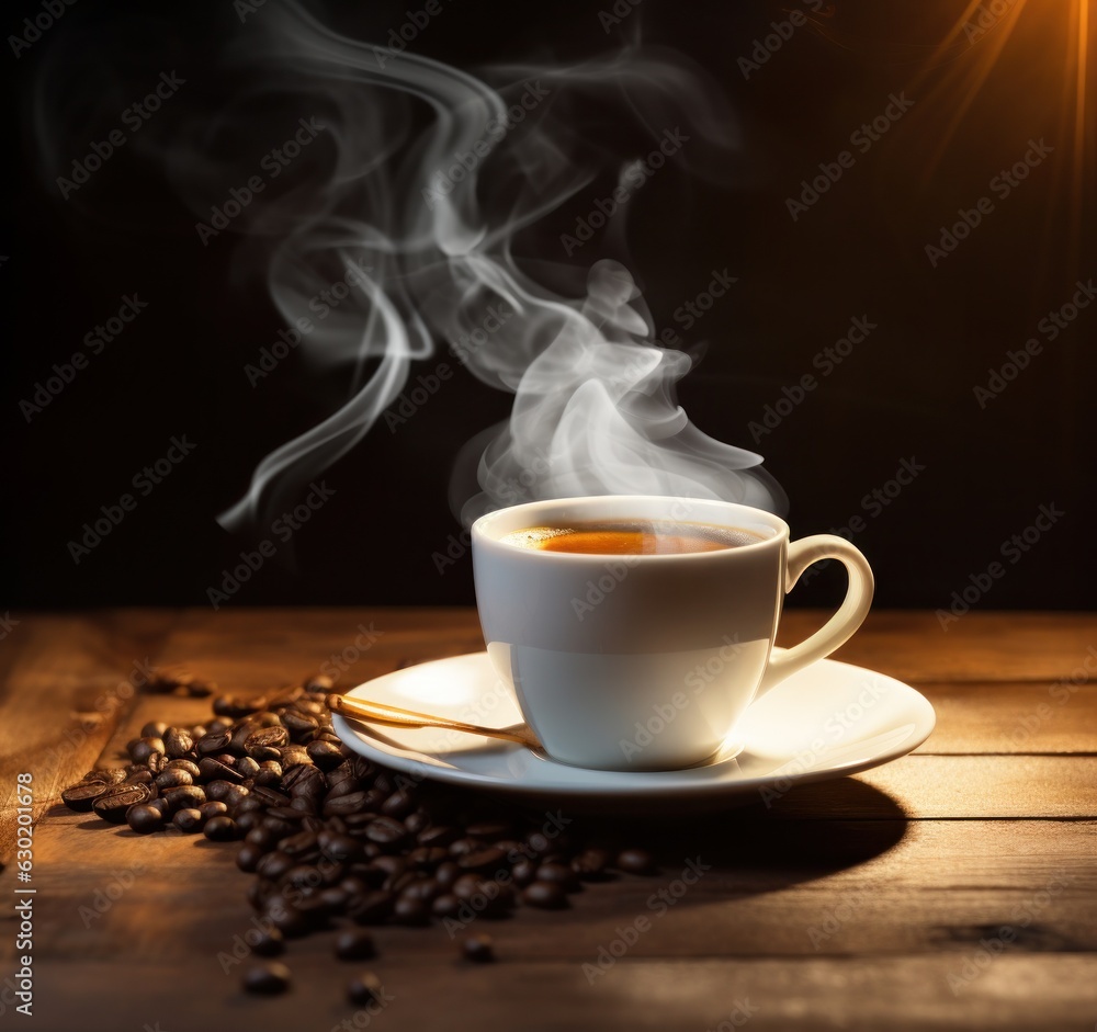 Cup of coffee on wooden table.