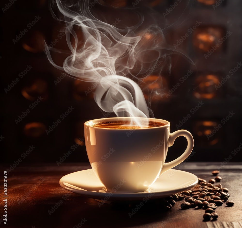 Cup of coffee on wooden table.