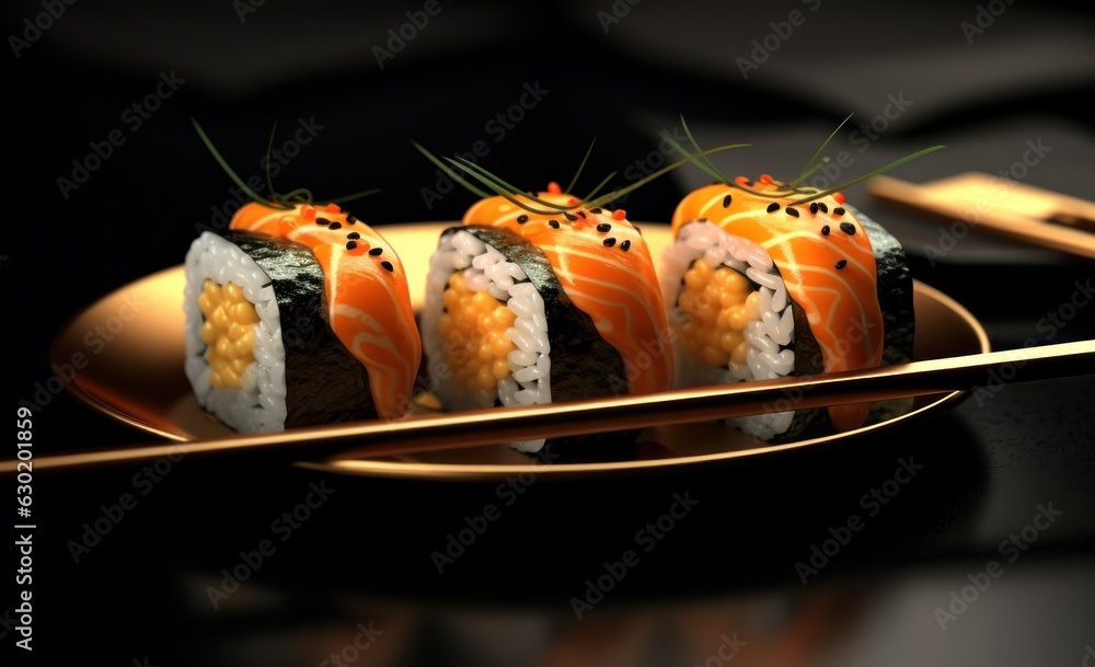 Sushi roll with chopsticks on dark background