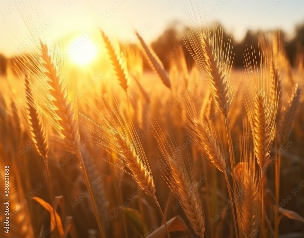 Ripe wheat in a field at sunset