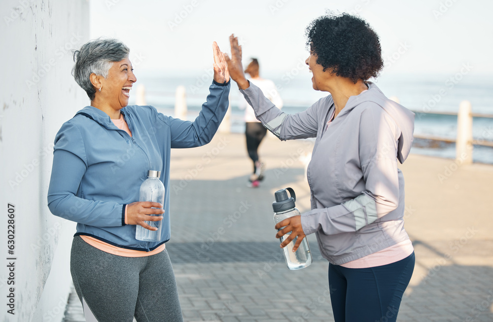 Fitness, happy and women high five by ocean for healthy lifestyle, wellness and cardio on promenade.