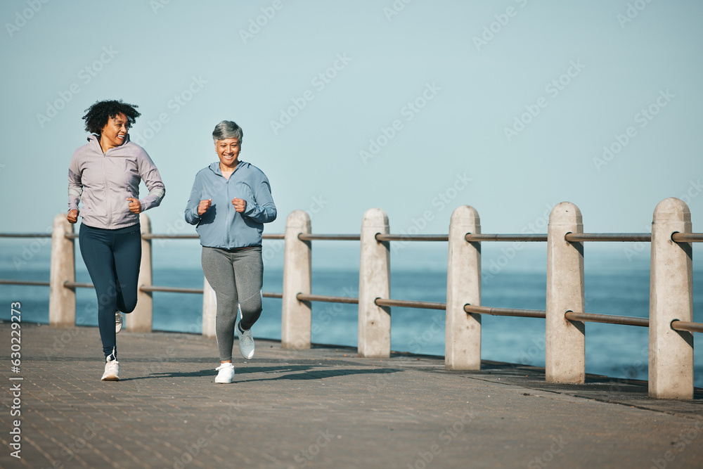 Mockup, running and women by beach for fitness together as morning exercise for wellness and outdoor