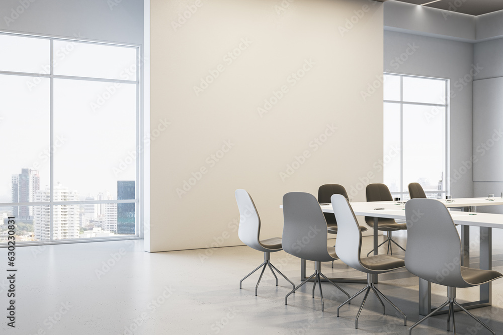 Contemporary concrete meeting room interior with empty mock up place on wall, furniture and window w