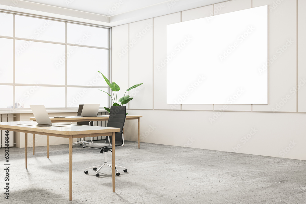 Modern concrete and wooden office interior with empty white mock up poster, window, furniture, equip