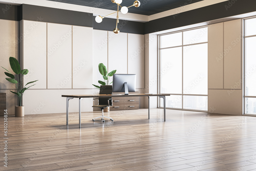 New office interior with wooden flooring, window, furniture, equipment and daylight. 3D Rendering.