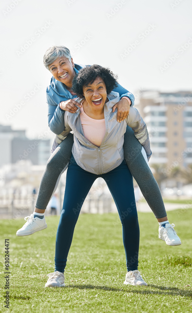 City, funny and senior women piggyback together playing, crazy and funny with as friends for outdoor