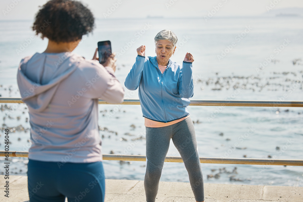 Senior woman, dancing and influencer outdoor for fitness, fun energy and celebrate retirement. Exerc