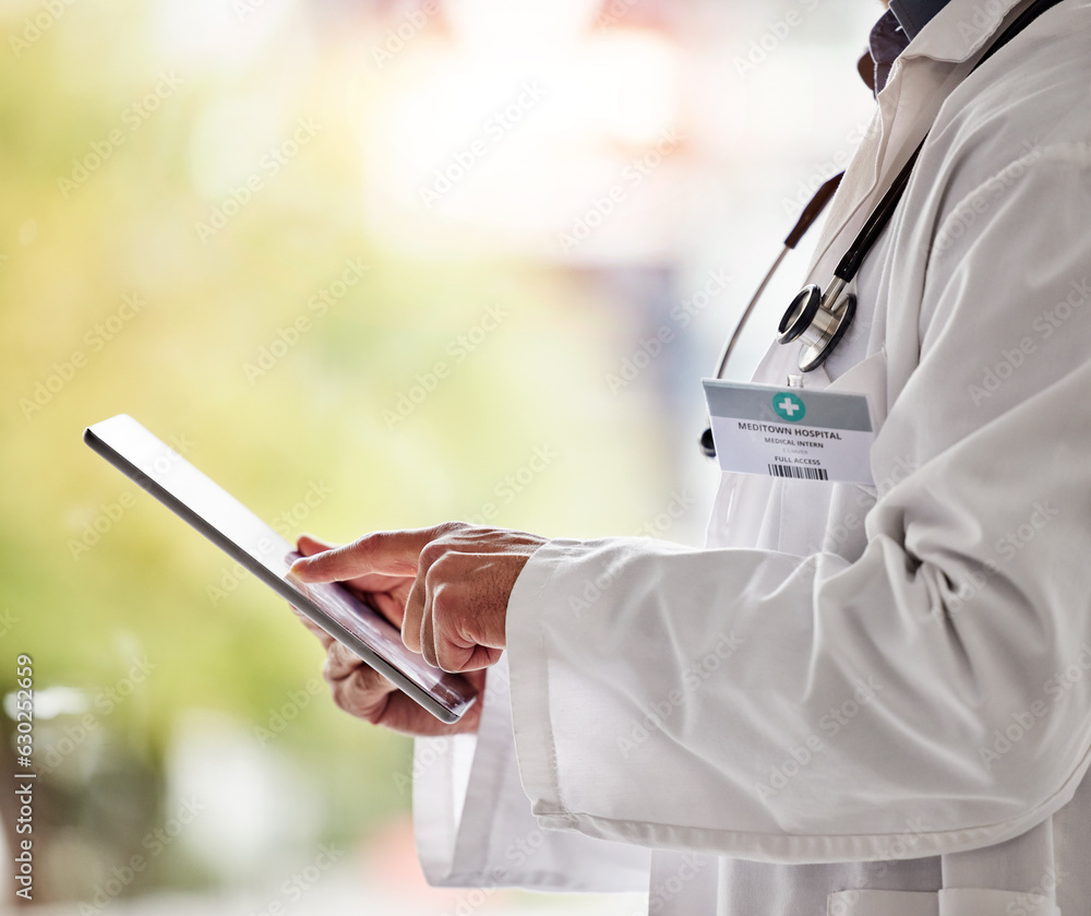 Tablet, doctor and hands for medical information, hospital software or research. Closeup of healthca