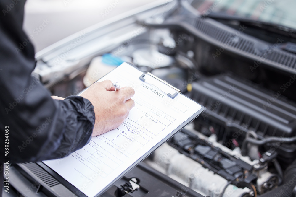 Checklist, car insurance and man writing on documents for compliance, maintenance and engine control