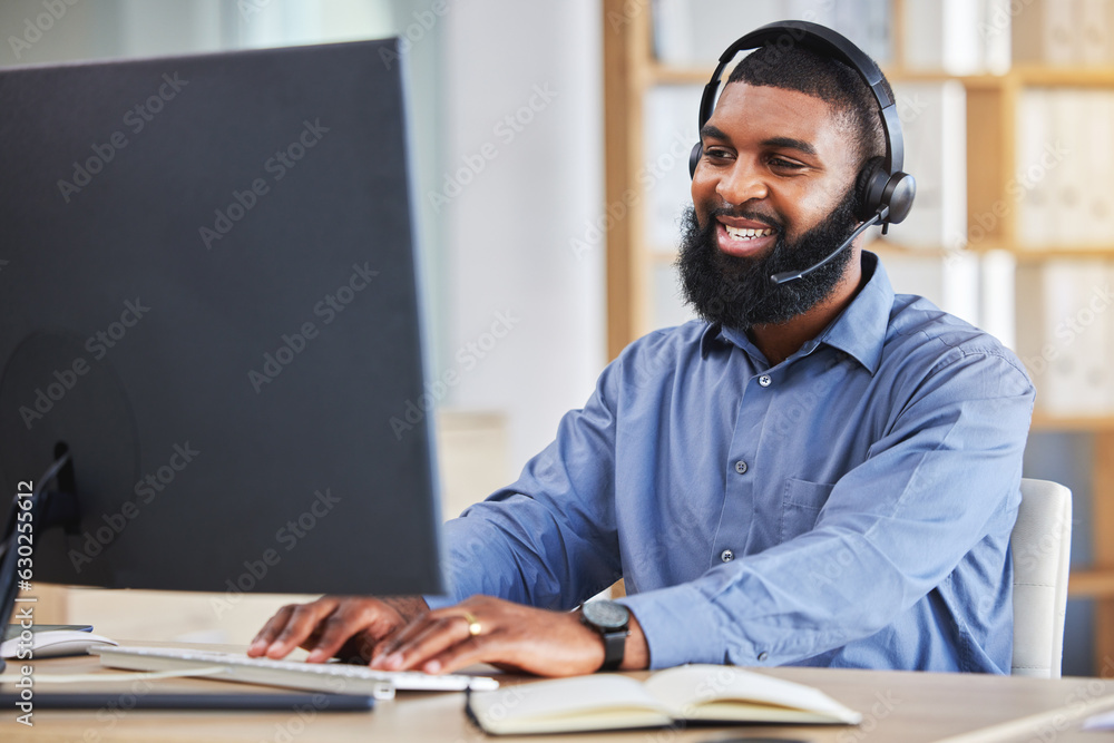 Call center, computer and business man, consultant or agent speaking, typing and customer services o