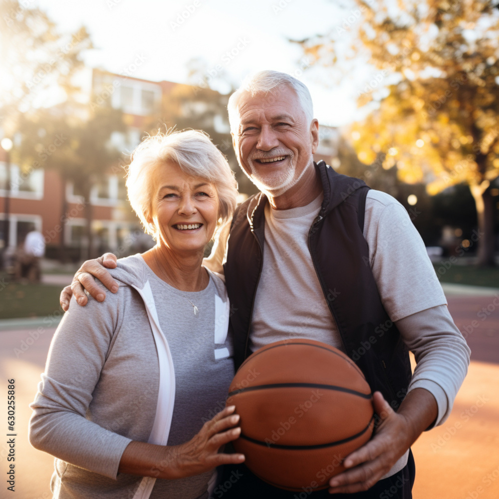 Active sporty middle aged couple playing basketball outdoors, happy man and woman jogging together o