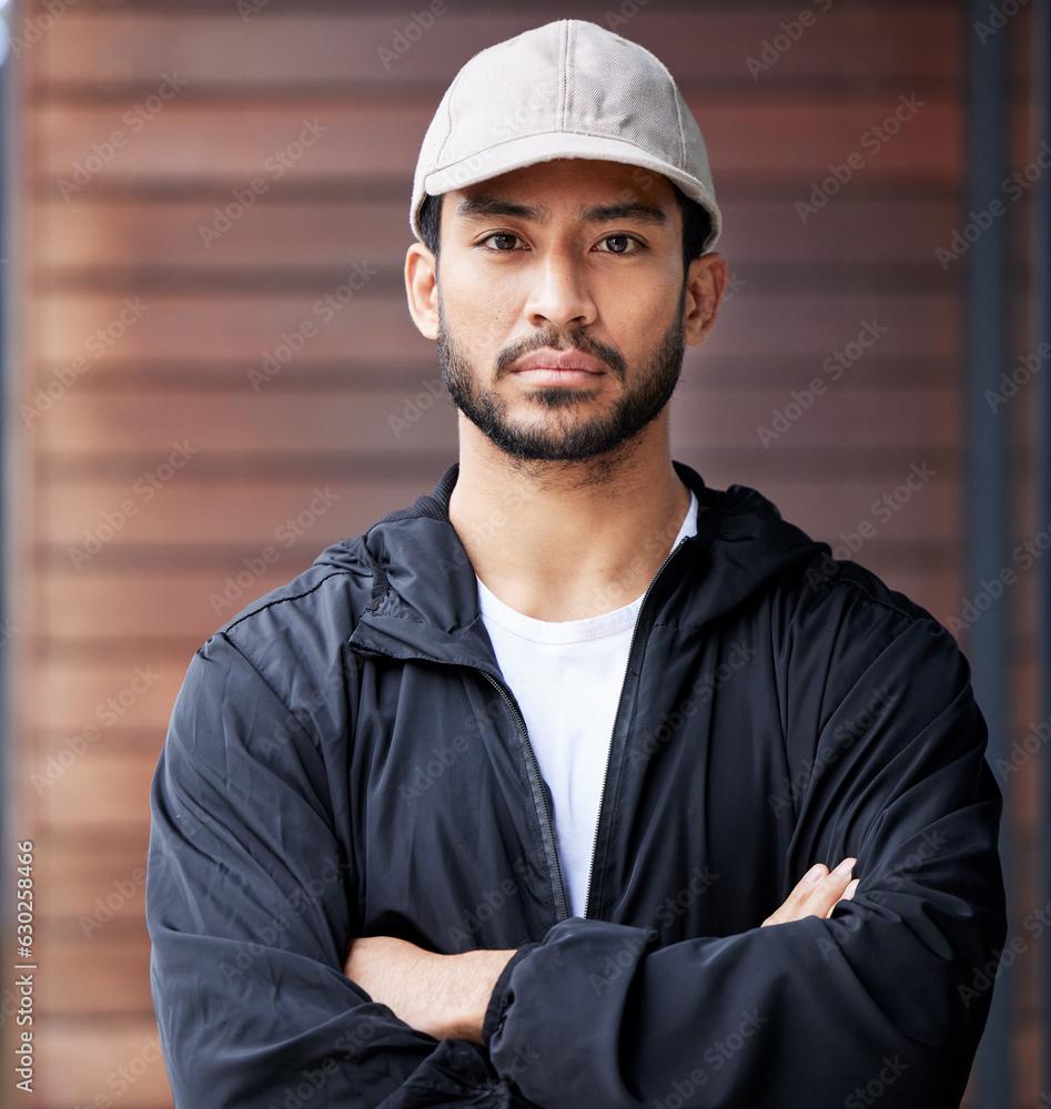 Courier man, outdoor portrait and arms crossed for service, delivery and ready for supply chain. You