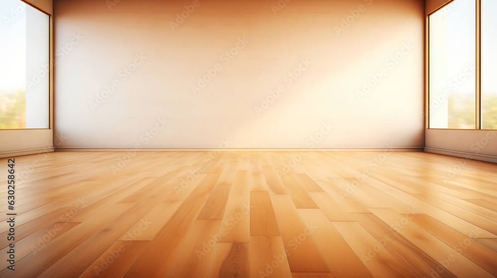 Beige wall empty apartment room with wooden floor. Copy space for product placement. Generative AI