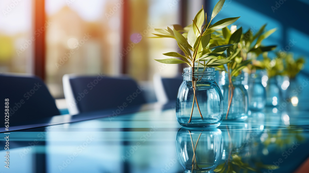 Modern minimalist corporate conference room with glass table in blue shades. Generative AI