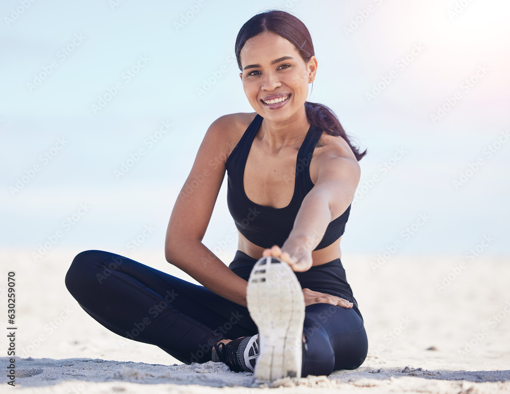 Portrait, beach and woman stretching feet happy in nature for running, workout or body, exercise or 