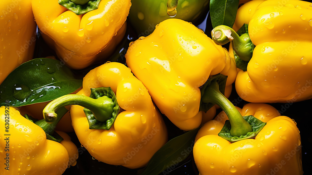 Fresh yellow bell peppers with water drops background. Vegetables backdrop. Generative AI