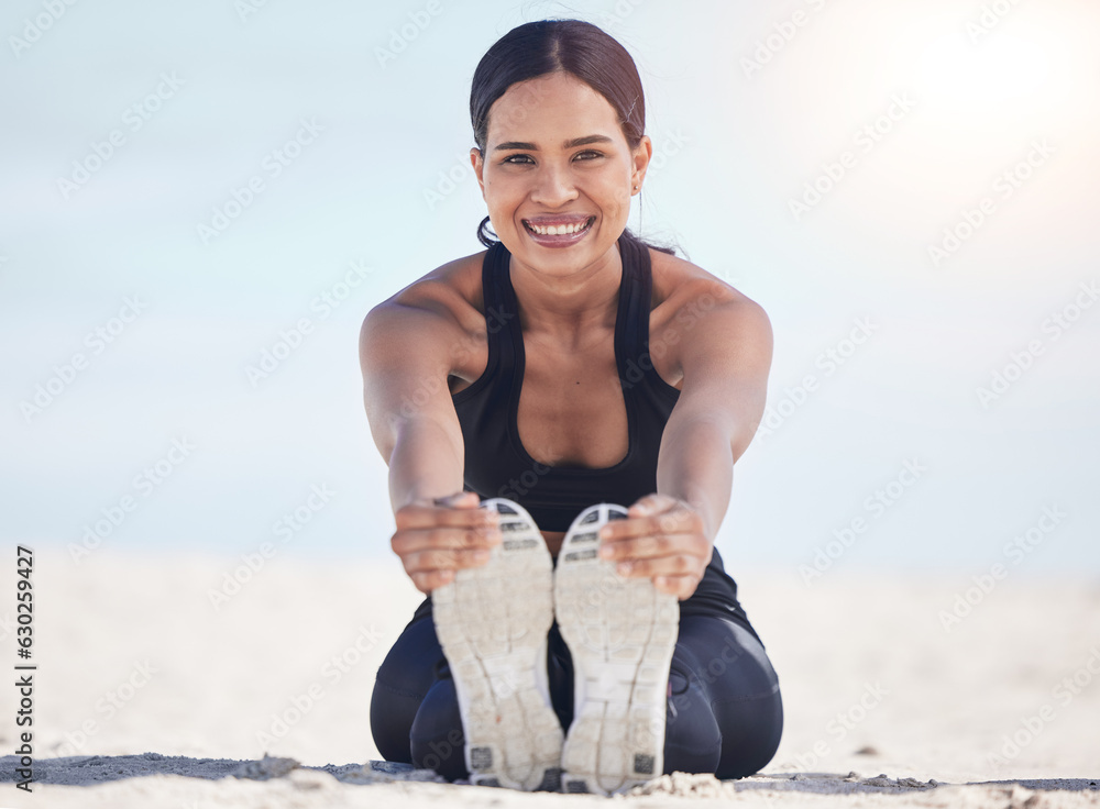 Beach, fitness and woman portrait stretching feet in nature for running, workout or body, exercise o