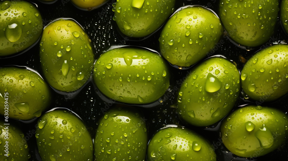 Fresh green olives with water drops background. Vegetables backdrop. Generative AI