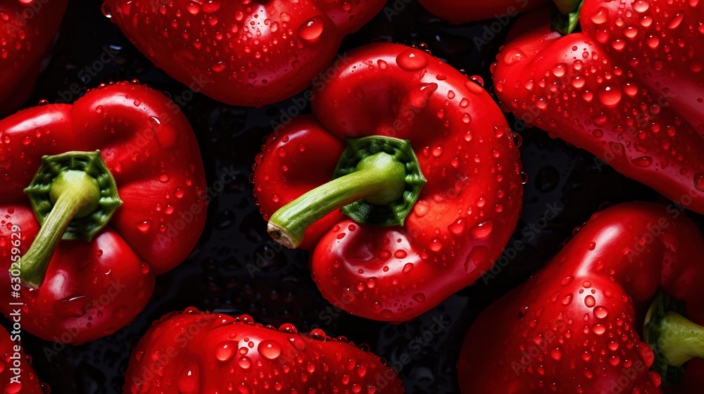 Fresh red bell peppers with water drops background. Vegetables backdrop. Generative AI